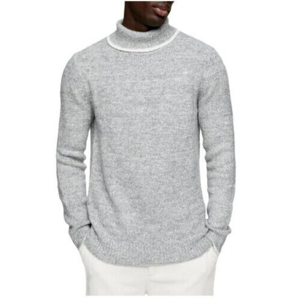 Topman Heather Gray Tipped Roll Neck Sweater Turtleneck Cozy Pullover Men's L